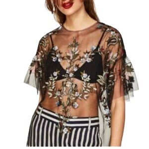 Women's XS Zara Black Sheer Mesh Embroidered Flutter Sleeve